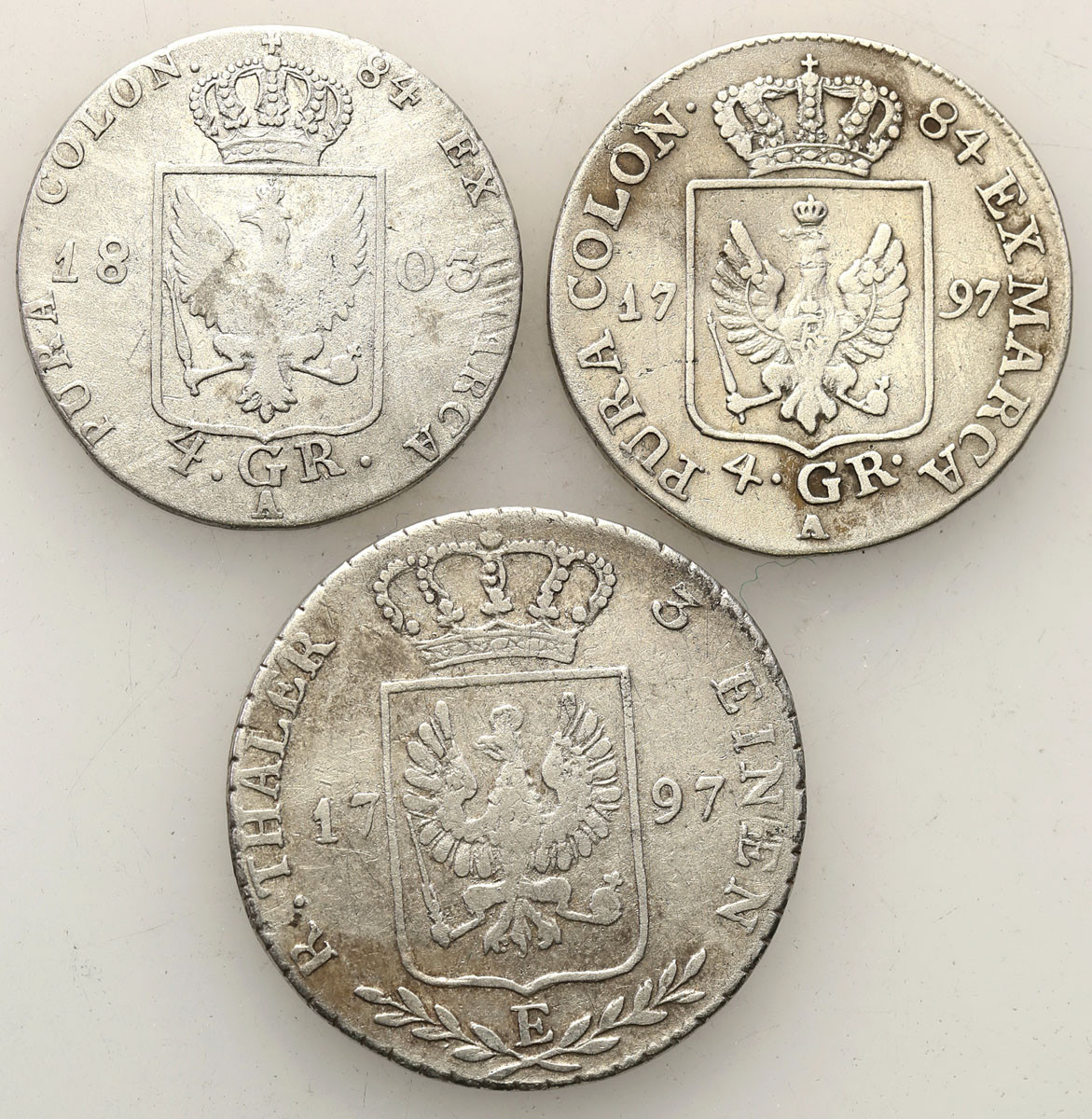 Niemcy, Prusy Fryderyk Wilhelm II (1786-1797), 4 grosze 1797, 1803 A, 1/3 talara 1797 E, zestaw 3 monet